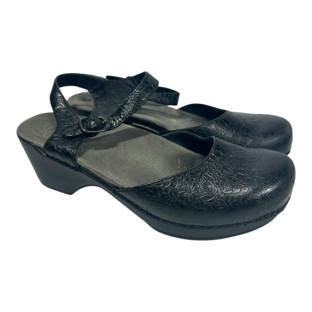 Dansko Sam Floral Mary Jane Clog US 10 EU 41 Black Tooled Leather Buckle